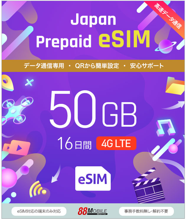 プリペイドSIM　メール納品　プリペイドeSIM 50GB 16日 超過時、低速200kbpsのまま、期限内は使い続ける低速無制限 国内データ通信専用 NTTドコモ回線